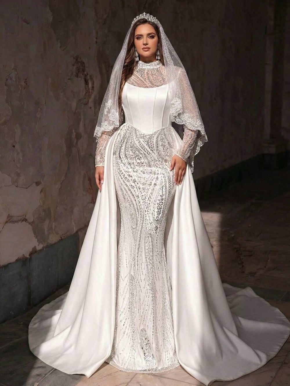 Graceful White Beaded Bridal Gown with Sheer Lace Overlay